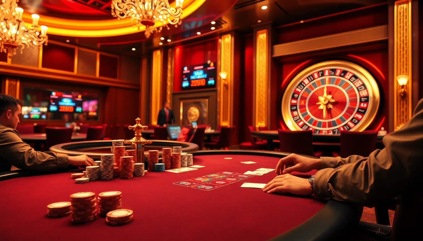 Exciting gaming action at rr88com's high-stakes poker table with vivid chips and cards.