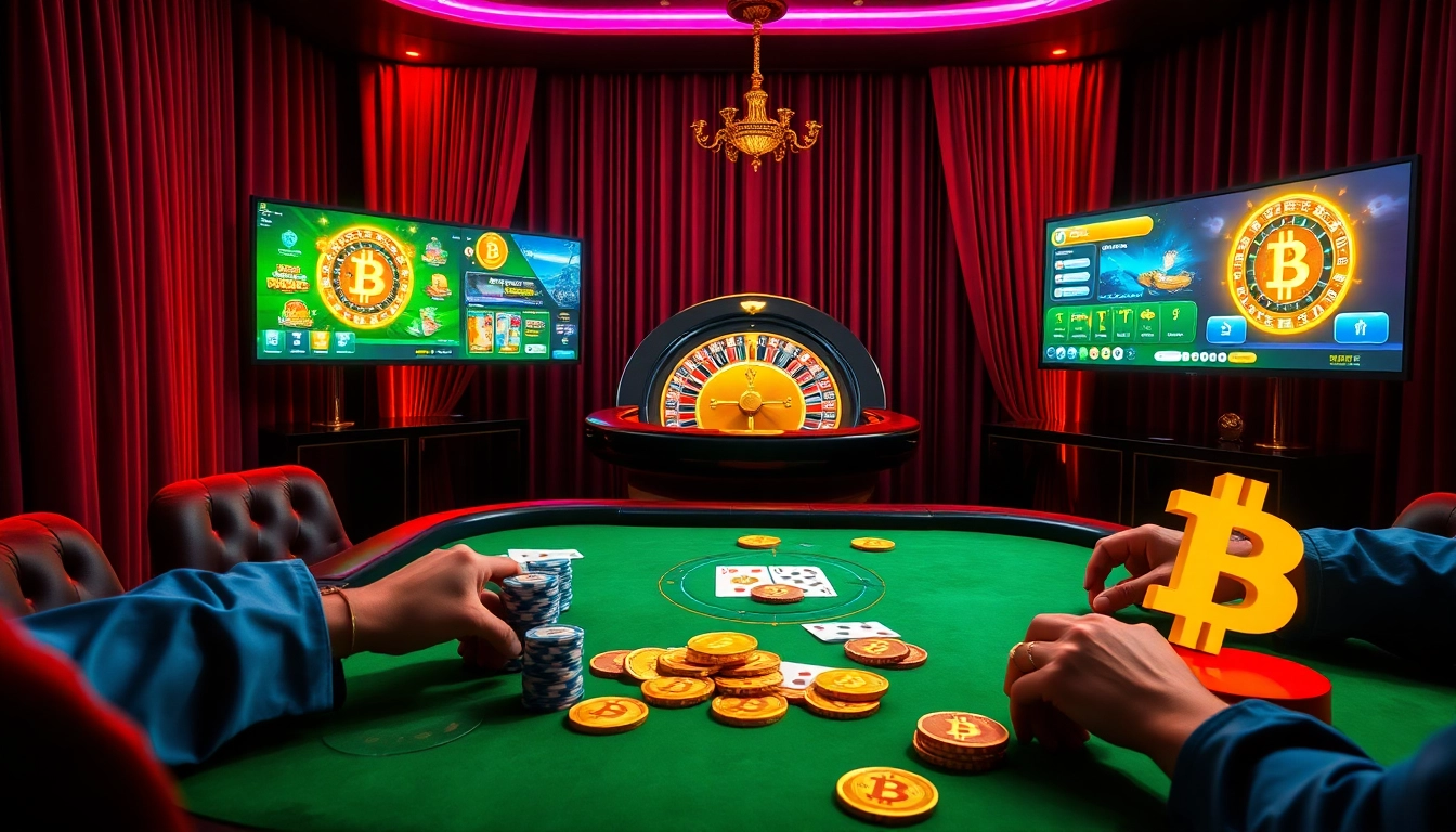 Exciting gameplay at crypto online casinos with vibrant poker action and roulette wheels.