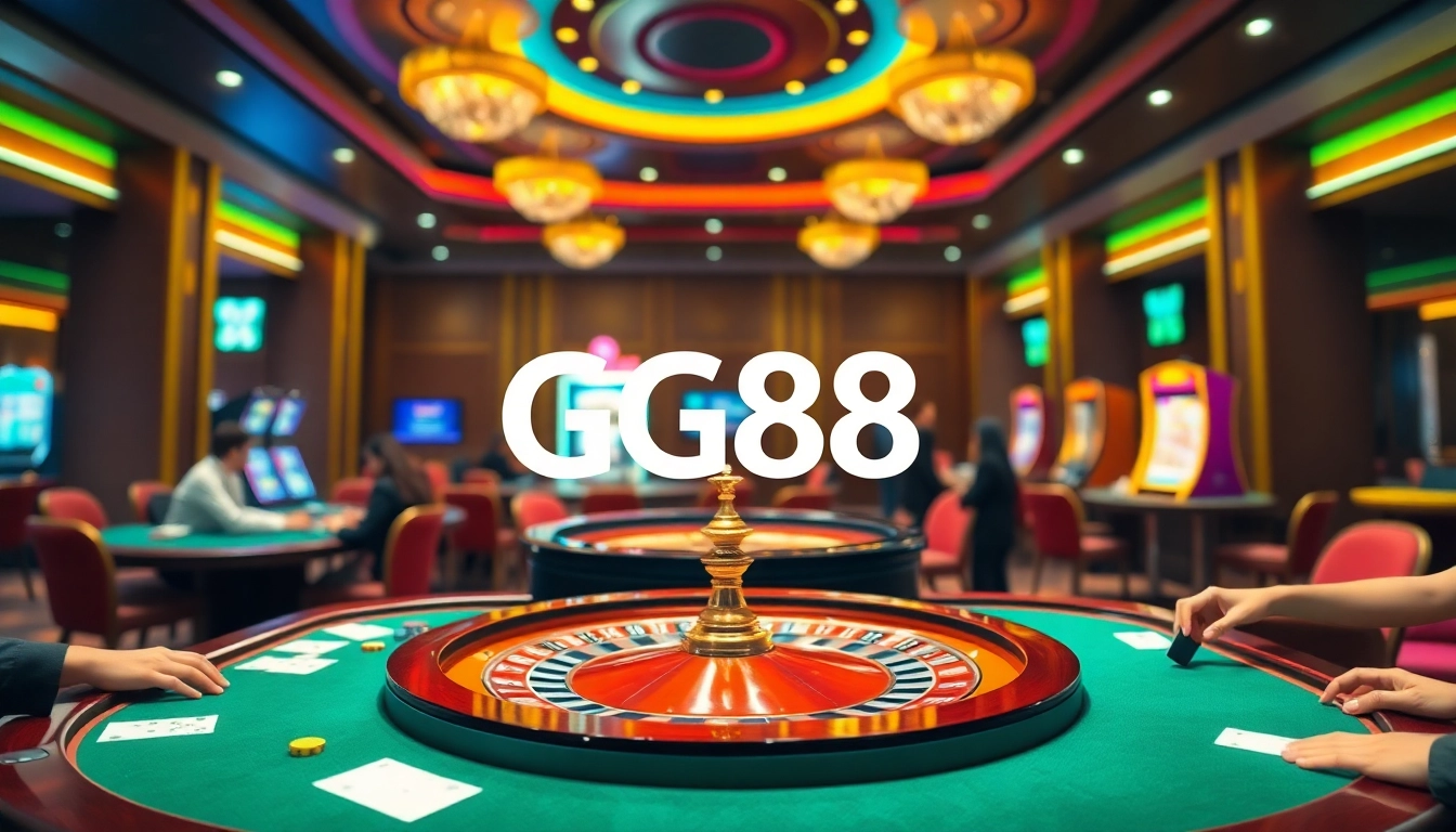Players winning big at GG88 casino amidst vibrant lights and glamorous décor.