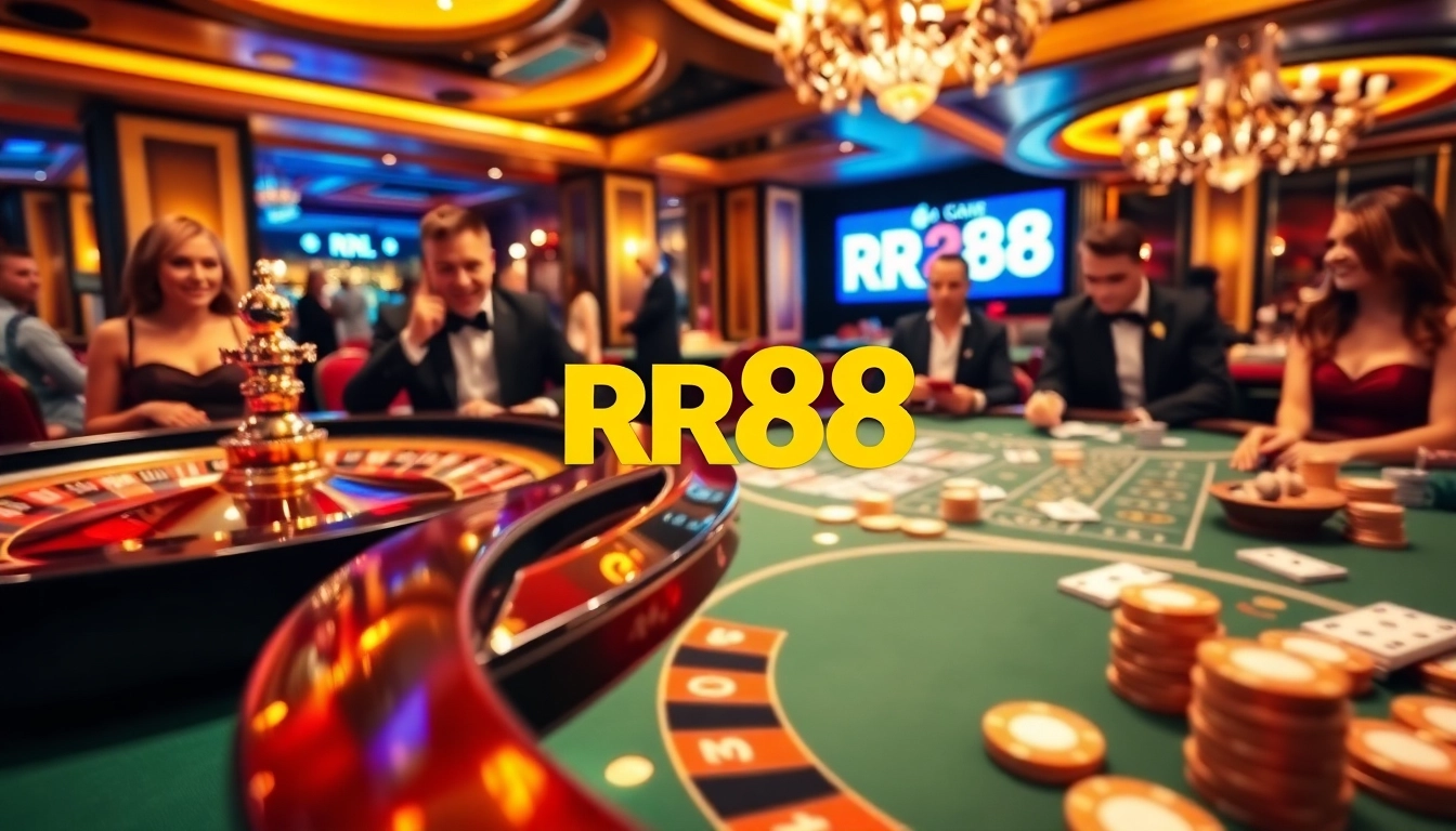 Experience thrill at RR88 casino with poker and roulette, showcasing luxury and excitement.
