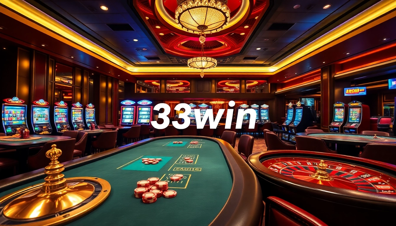 33win players enjoying a vibrant casino atmosphere with roulette and poker.
