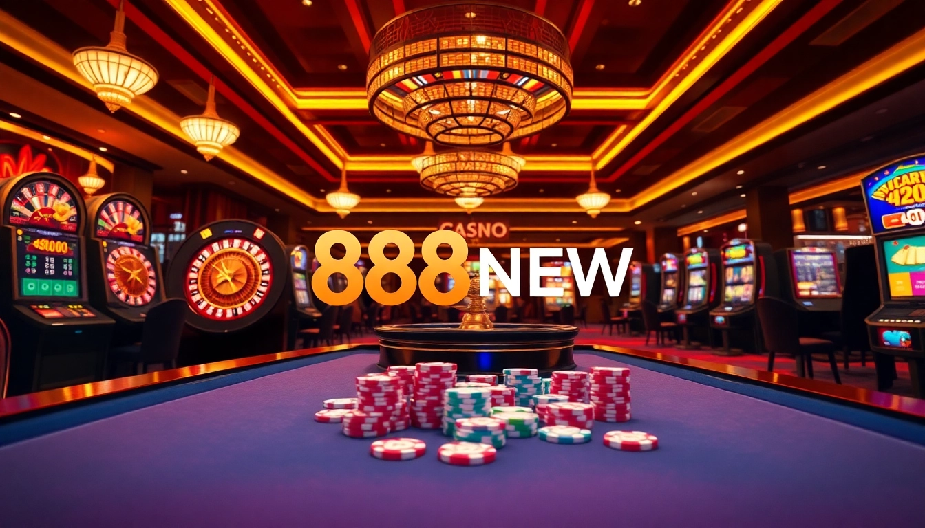 Experience the excitement of casino gaming at 888NEW with vibrant slot machines and poker chips.