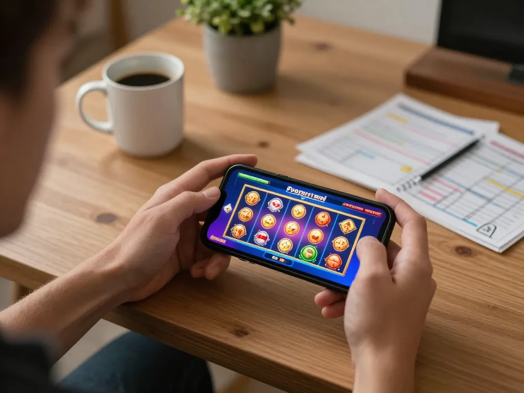 Player engaging with https://kkwinzz.com/ on mobile device in a cozy home setting, showcasing online casino excitement.