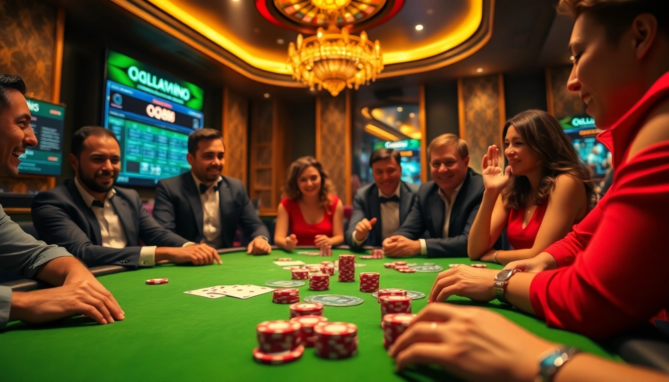 Players enjoying a thrilling poker game at QQ88 casino, showcasing vibrant chips and immersive atmosphere.