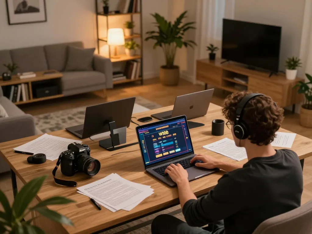 W188 online gaming scene with a player engaging in casino games on a laptop in a cozy environment