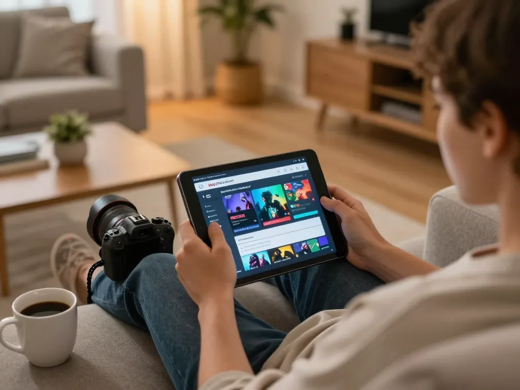 Engaged player enjoying casino games on https://hitclub.im/ tablet in stylish living room setting.