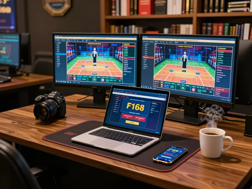 Engaged player exploring F168 online casino games on dual monitors in a cozy setup, blending strategy and entertainment.