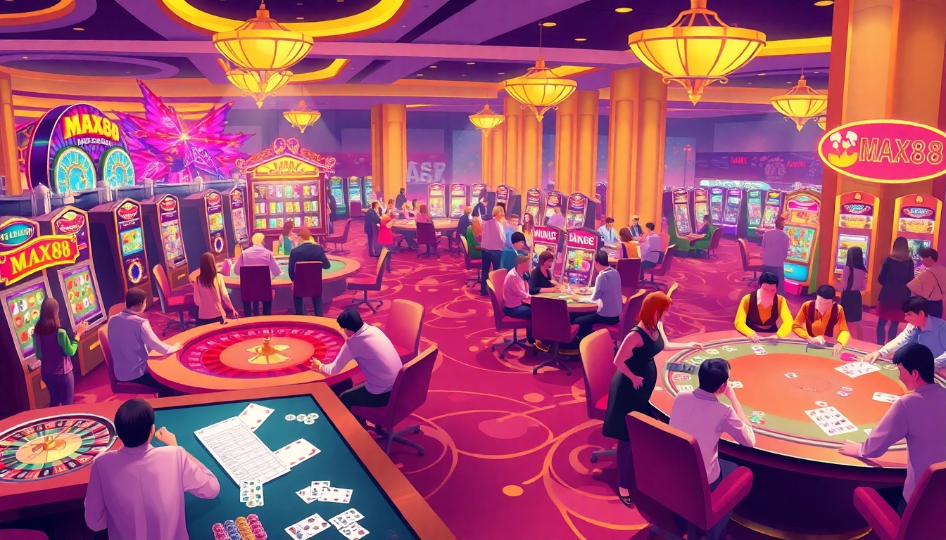 Players enjoying games at MAX88 casino tables featuring roulette and poker