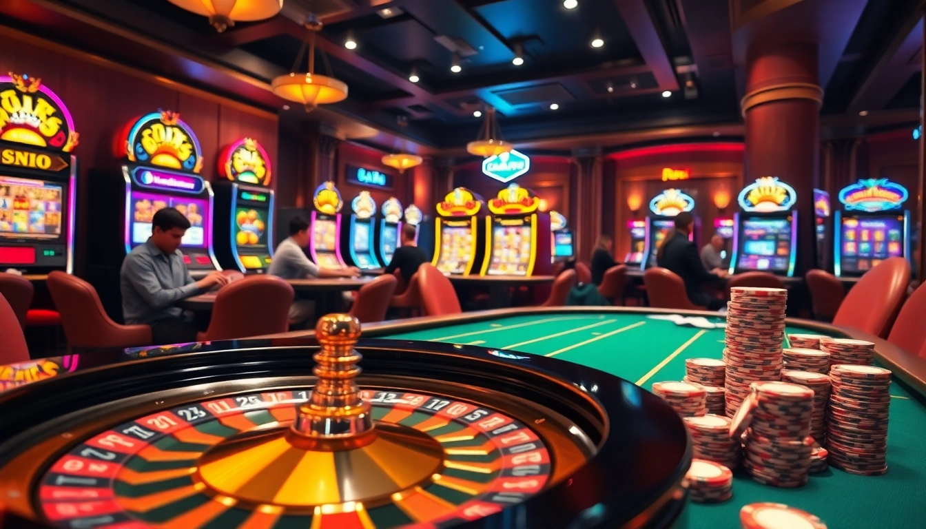 Luck8 poker table scene showcasing vibrant chips, a roulette wheel, and excited players.