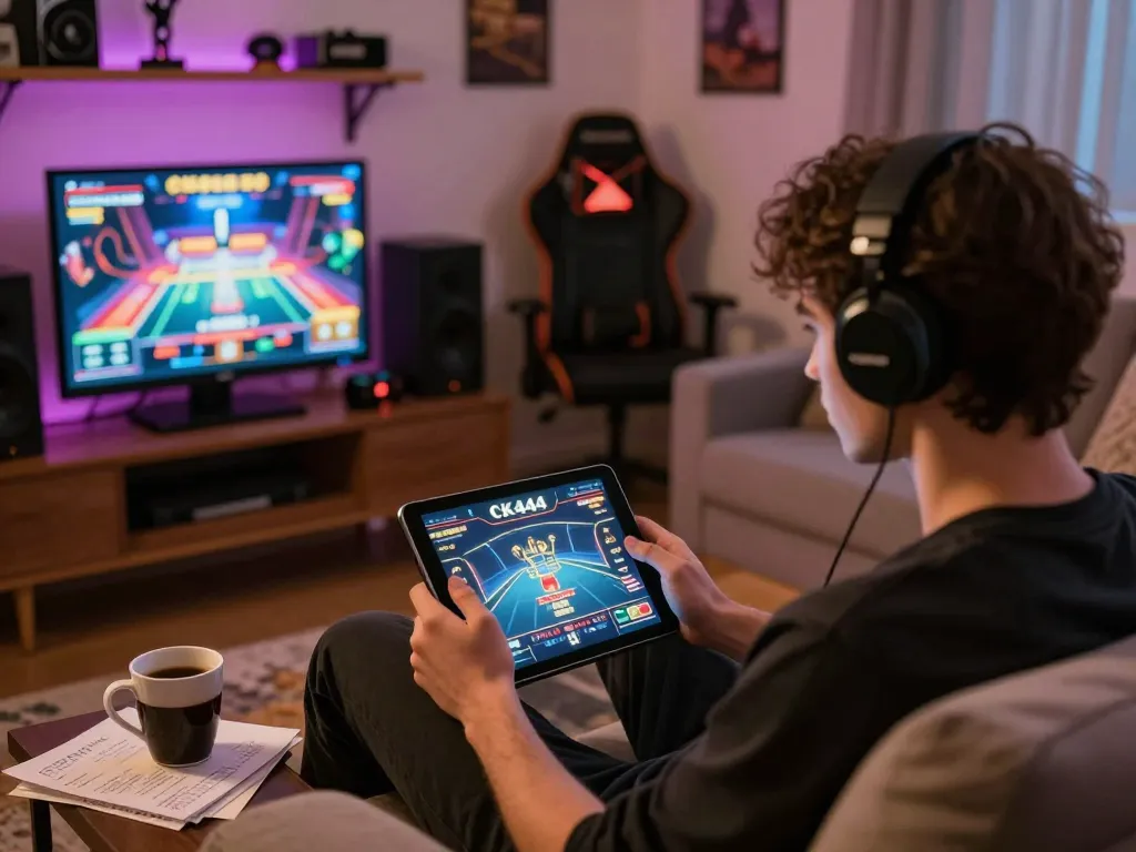Players enjoying immersive CK444 online gaming experience in a cozy living room with strategic notes and coffee