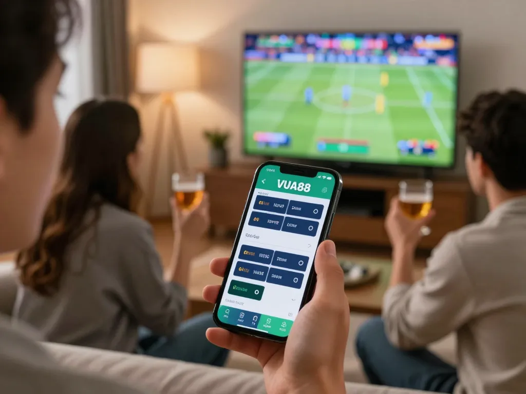 Engaging sports betting experience on VUA88 app with friends in a lively home setting.