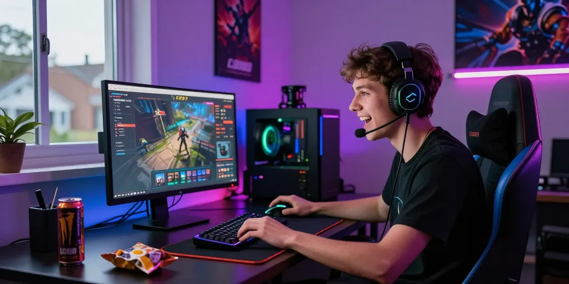 Gamer immersed in LC888 online gaming experience in a modern home office, showcasing vibrant RGB lighting and gaming setup.