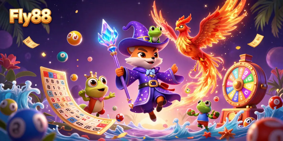 Experience the thrill of Fly88 as you explore vibrant lottery elements and magical characters.