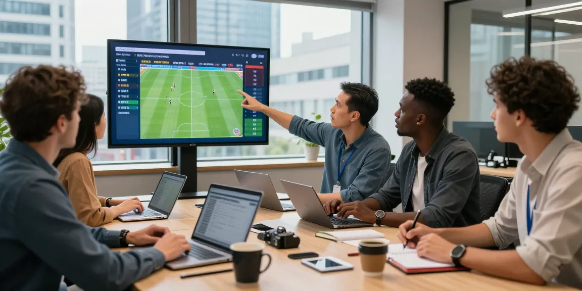 Soi keo nha cai team discussing betting strategies in a modern office environment with soccer statistics displayed.