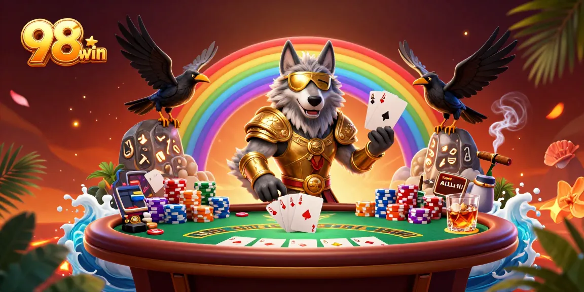 Experience thrilling gameplay at 98win with exciting poker elements and vibrant decorations.