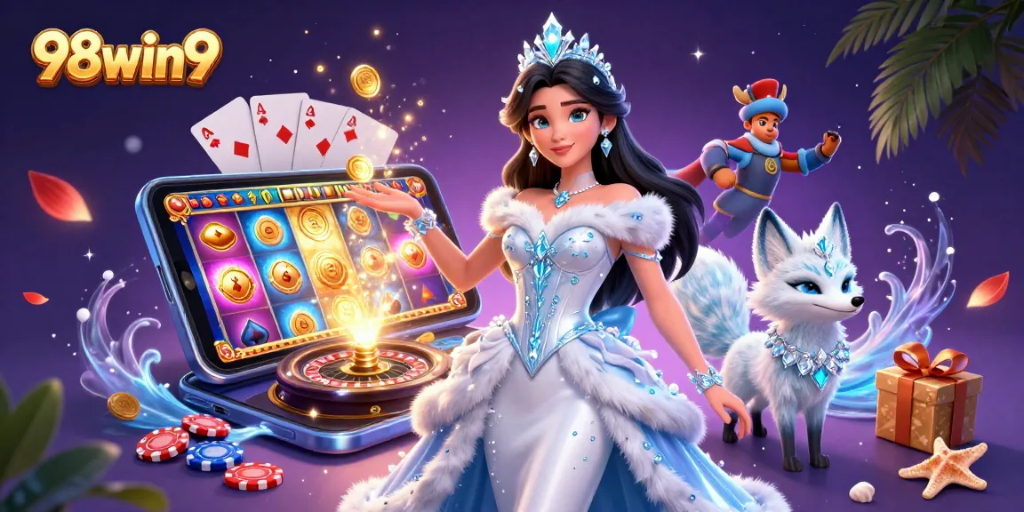 Experience thrilling gameplay at 98win9 with a glamorous ice queen and arctic fox amidst vibrant casino elements.