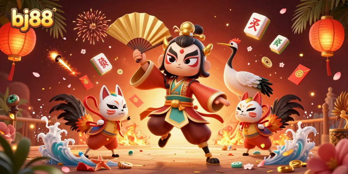 Engage with bj88 and the thrilling world of cockfighting through a vibrant 3D illustration with dynamic characters.