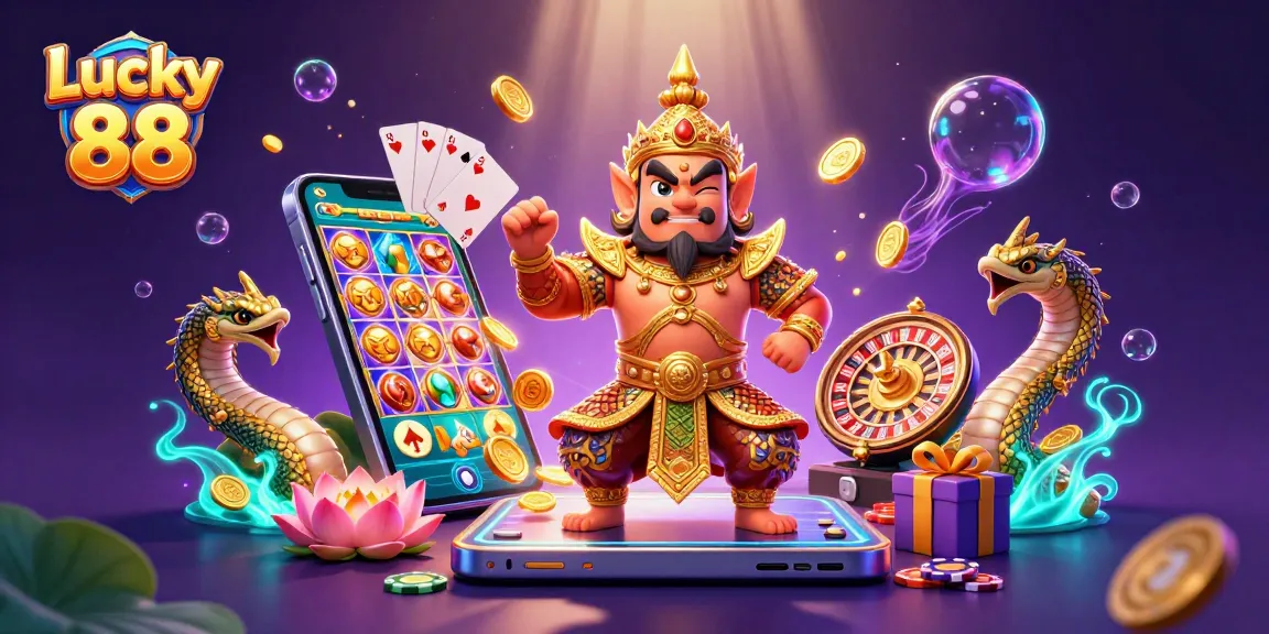 Engage with Lucky 88's vibrant slot game through a 3D scene featuring a Thai guardian and dynamic casino elements.