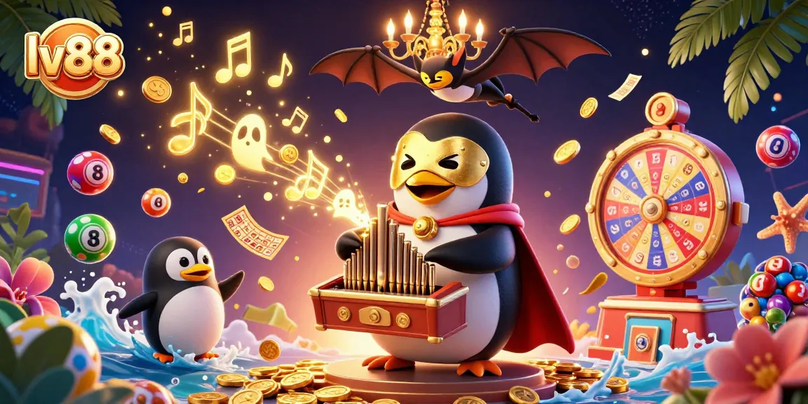 Experience exciting games at lv88 with a cartoon penguin maestro sending coins flying from a magical organ.