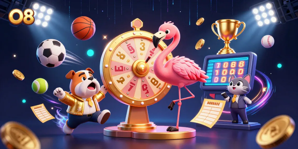 Engage with O8's thrilling gameplay as a bulldog contestant jumps for joy beside a flamingo host spinning the golden prize wheel.