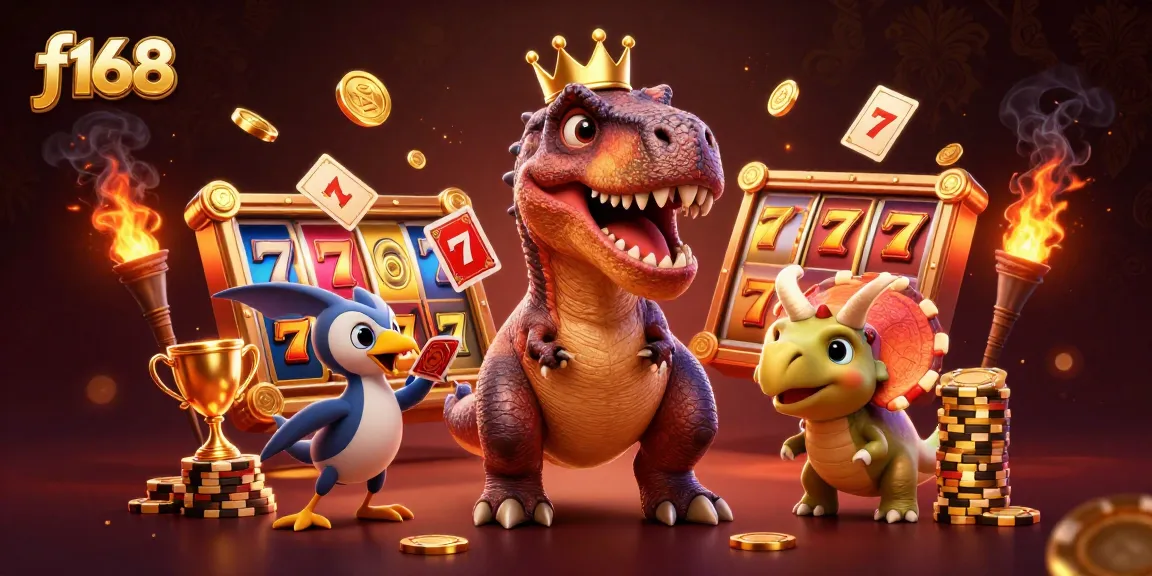 Experience the thrill of f168 with friendly gambling characters and rich casino theme in an action-packed illustration.