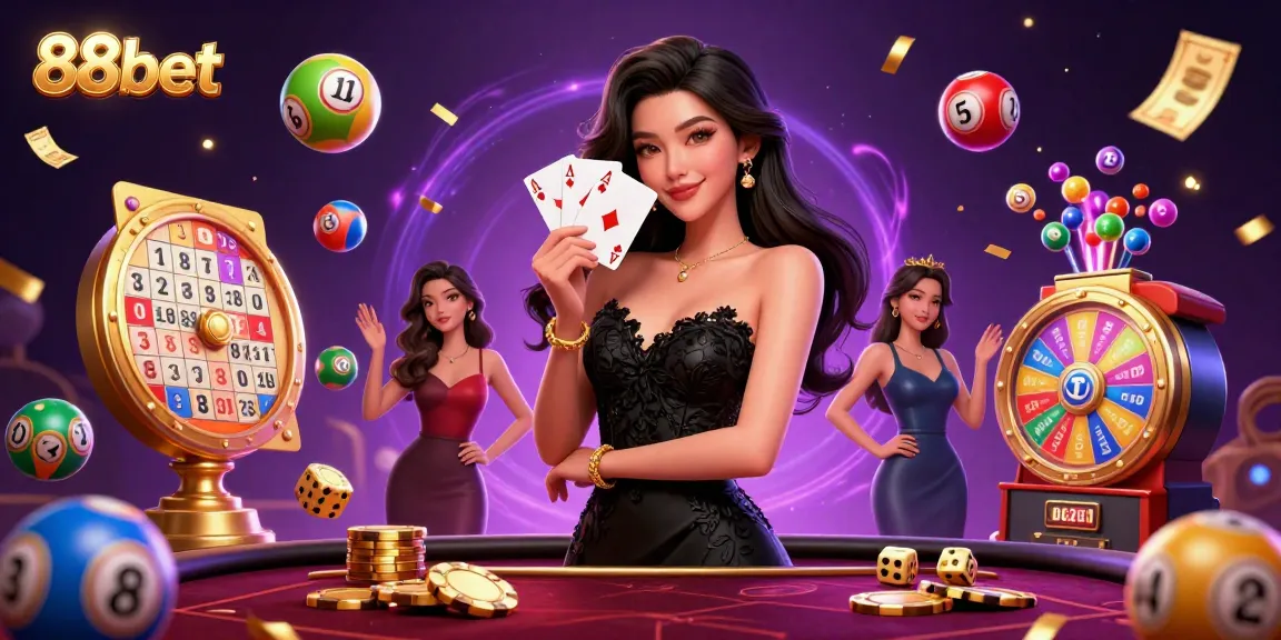 88bet unleashes excitement in a vibrant casino scene with a stunning Asian woman holding playing cards.