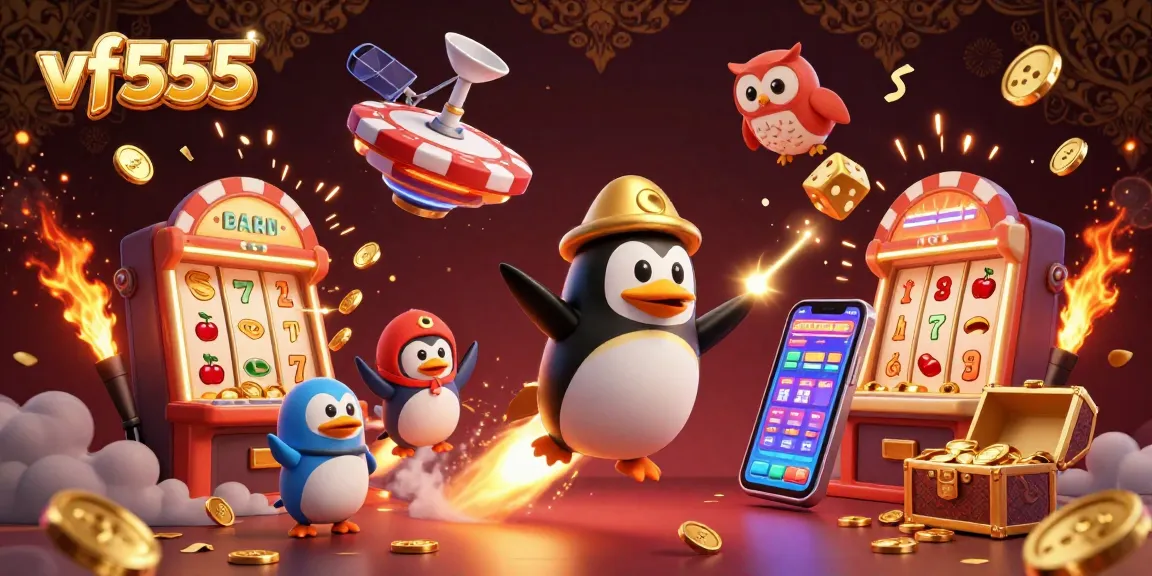 Engage in thrilling casino experiences at vf555 with an exhilarating 3D scene featuring a golden penguin, slot machines, and a vibrant backdrop.