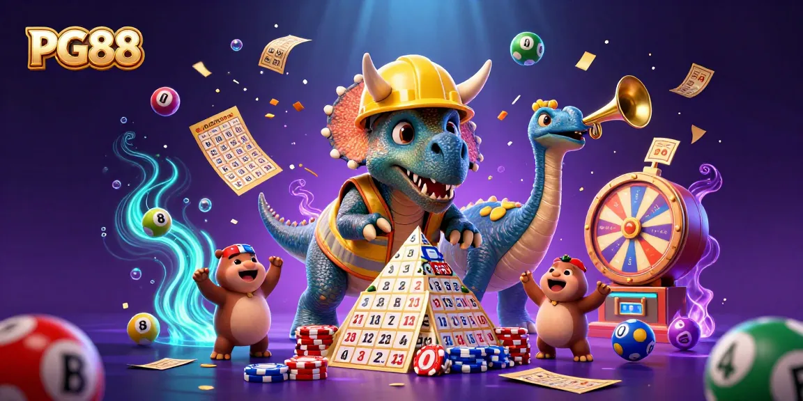 PG88 captures a vibrant casino scene with dynamic characters, poker chips, and lottery balls.