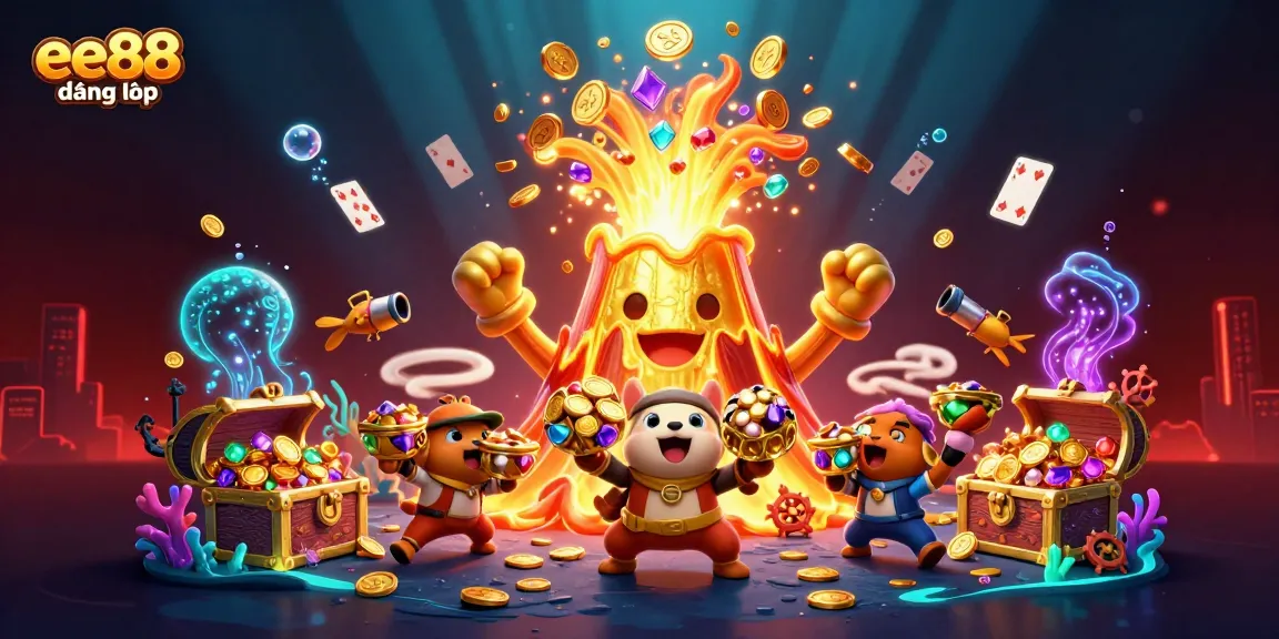 Experience thrilling ee88 đăng nhập with an energetic scene of a golden volcano, treasures, and vibrant gambling elements.