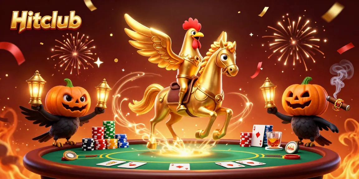 Hitclub players enjoy a dynamic poker scene with golden rooster and lanterns amidst lavish casino decorations.