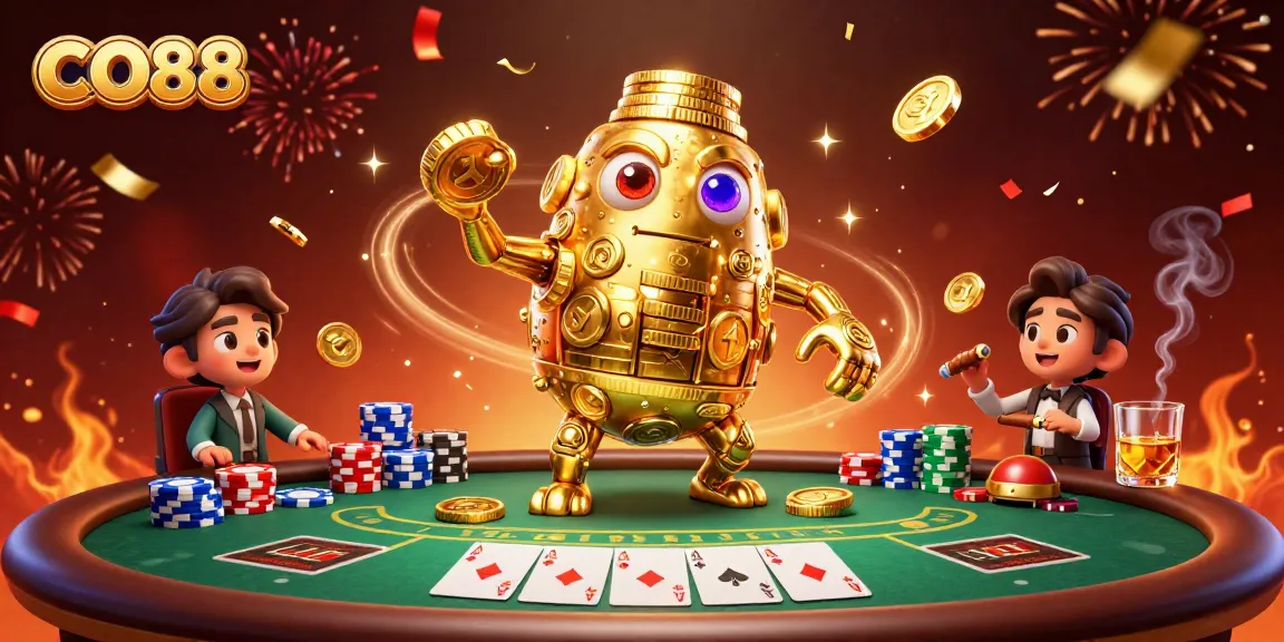 Experience CO88 with a vibrant scene of a golden golem amid poker action and celebratory confetti.