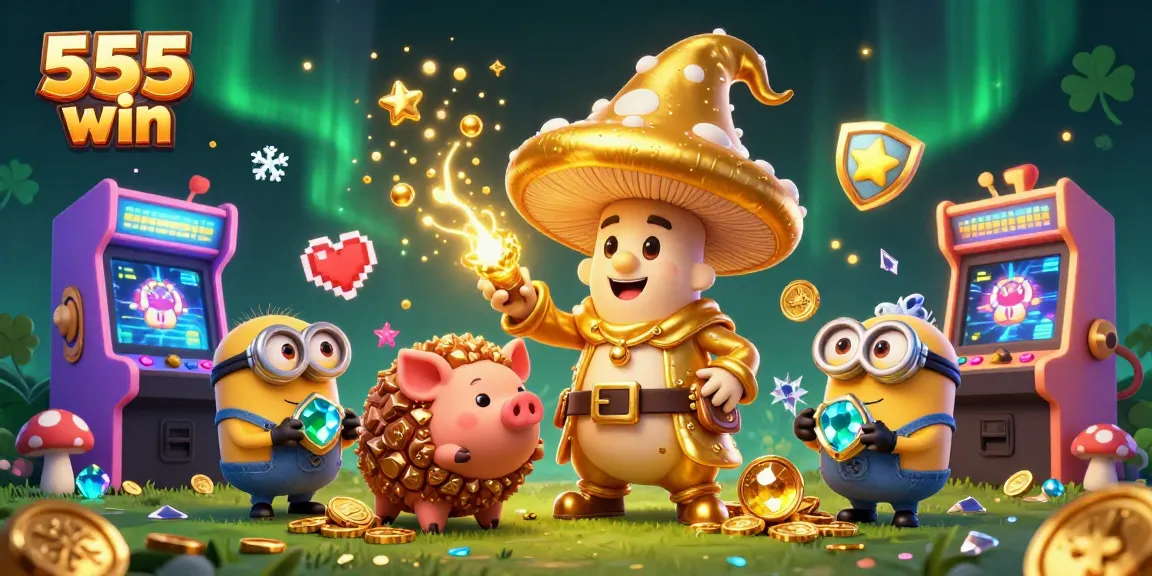 Experience thrilling wins with 555 win, featuring a gold wizard and treasure-filled scenes.