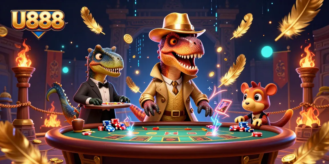 Experience thrilling action at U888 casino with a velociraptor, stegosaurus, and compy in a vibrant game scene.