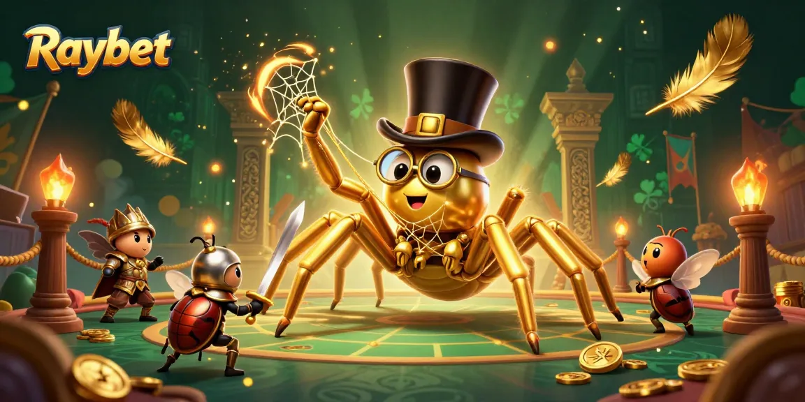 Raybet players engage in an epic quest with golden tarantulas and a beetle knight in this lively casino scene.