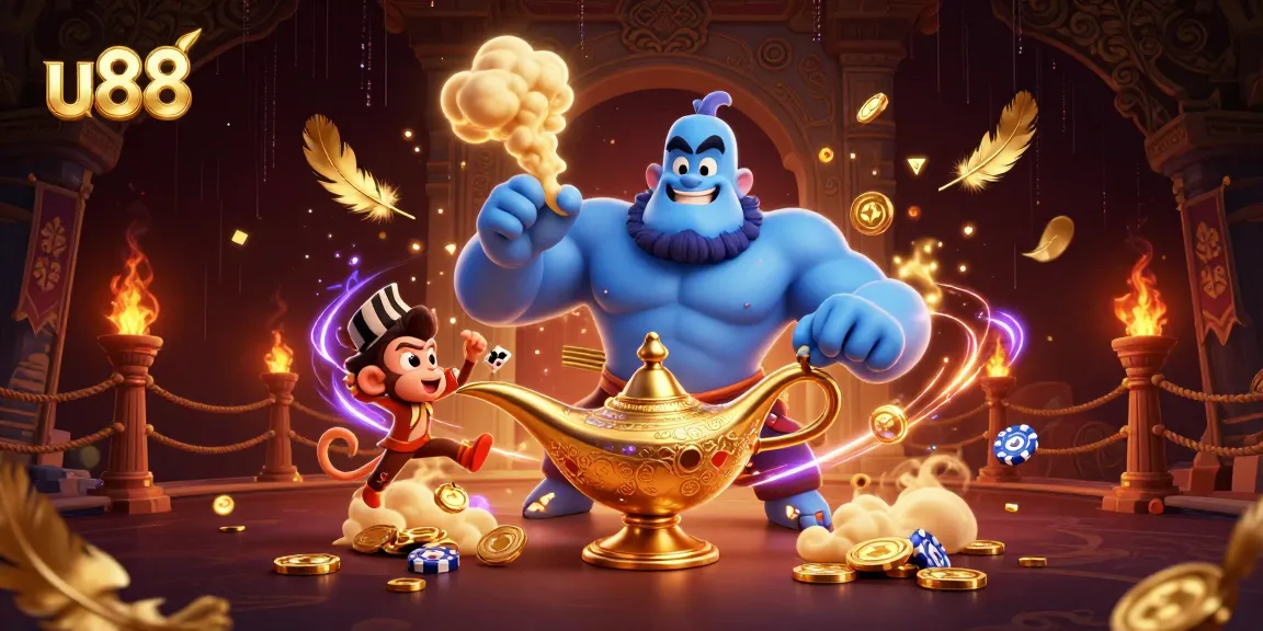 Engage with u88 in a vibrant, magical 3D casino setting featuring a genie and poker chips.