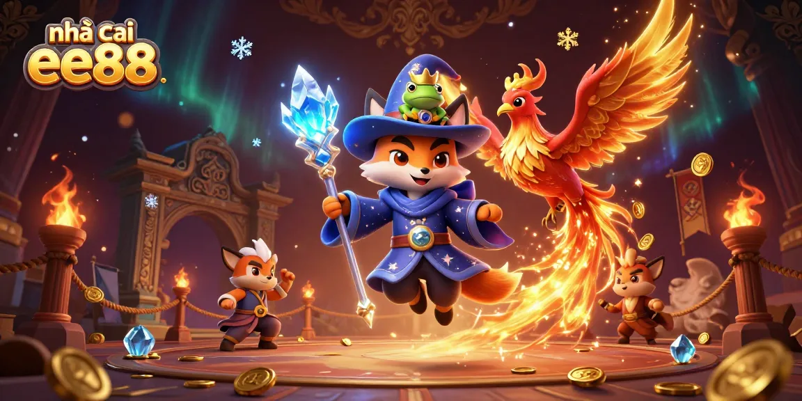 Engage in thrilling gameplay with nhà cái ee88, featuring a mystical fox wizard and vibrant casino elements.