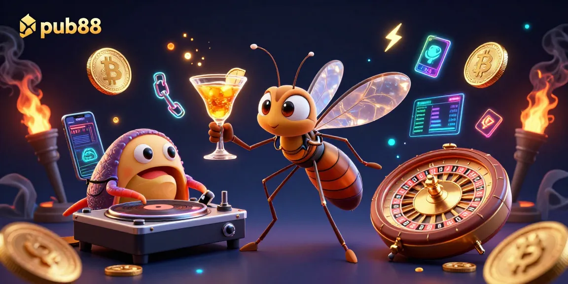 Engage with exciting games at pub88, featuring vibrant casino characters and dynamic crypto elements.