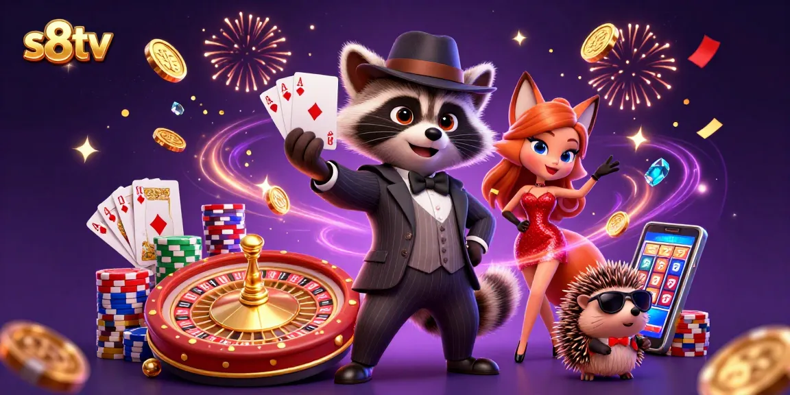 Join the action at s8tv with a charismatic raccoon and fox in vibrant casino illustration.