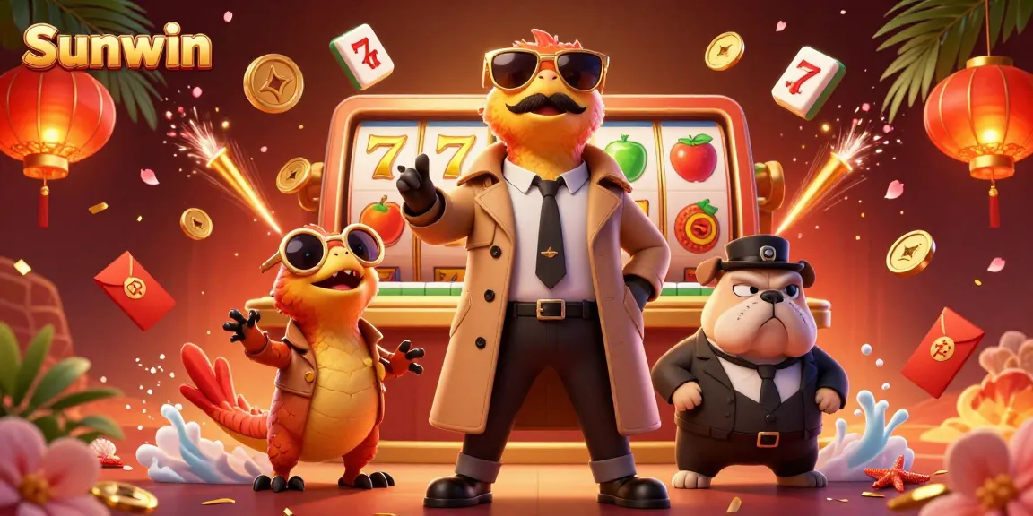 Experience Sunwin with three raptors humorously attempting to enter a casino, surrounded by vibrant gambling elements.