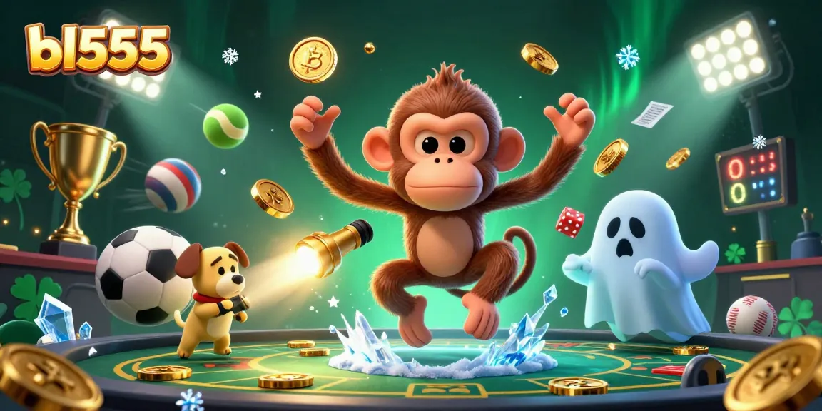 Experience the thrill of gaming at bl555 with a ghostly monkey juggling golden rewards in a haunted casino.