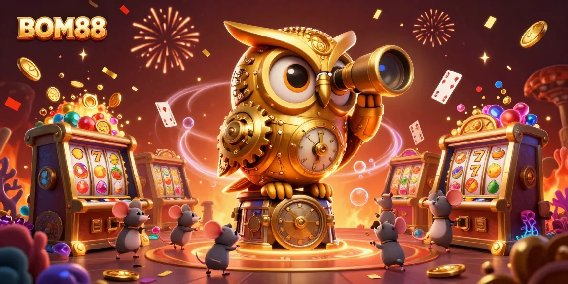 Experience the thrill of playing BOM88 in this vibrant, detailed digital casino scene filled with excitement.