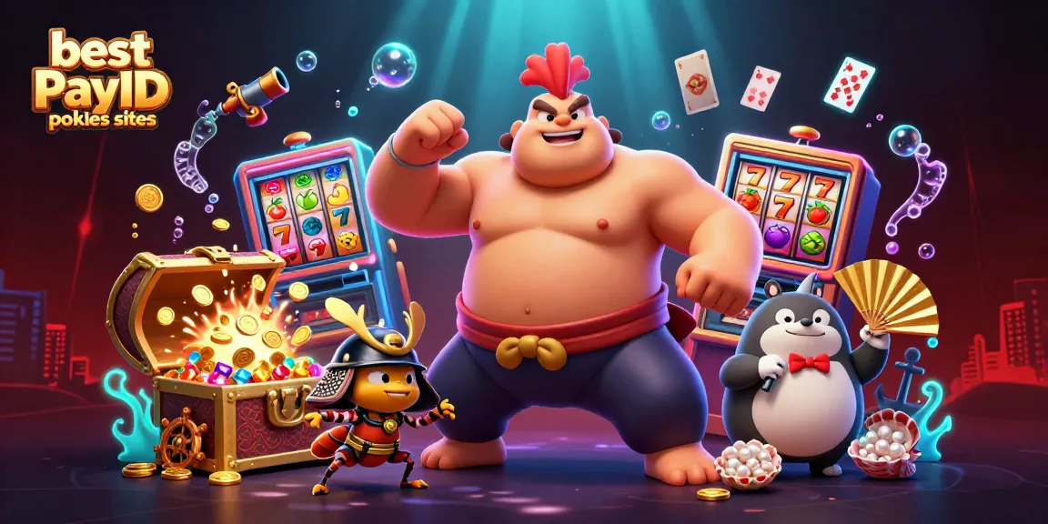 Engaging scene illustrating the best PayID pokies sites with a dynamic sumo wrestler rooster, samurai cricket, and a tanuki announcer.