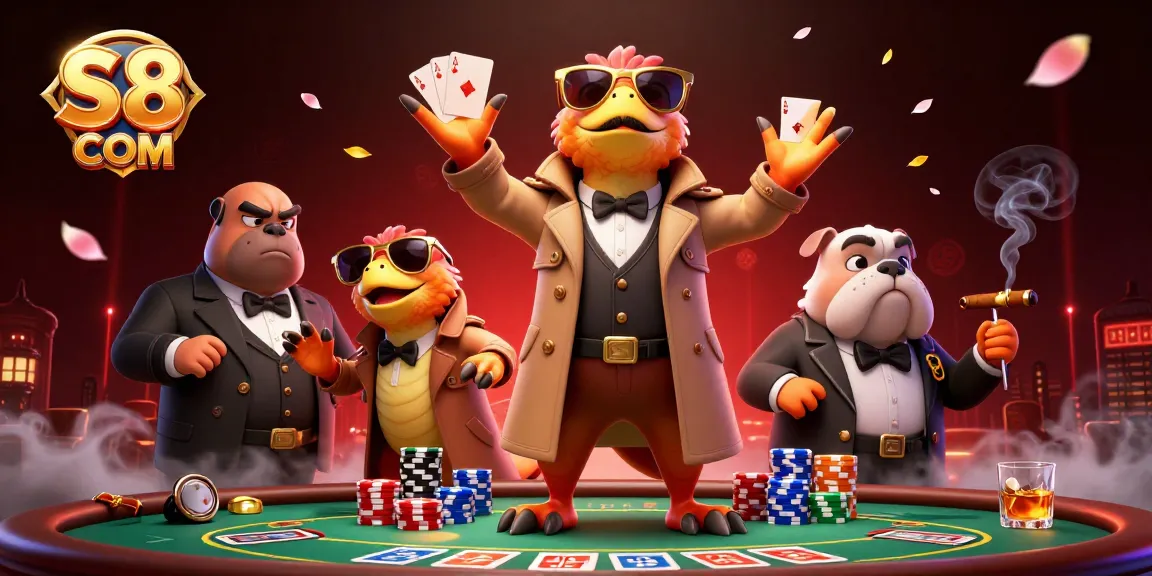 S8 COM showcases raptors in a trench coat entering a casino, surrounded by poker elements and vibrant decor.