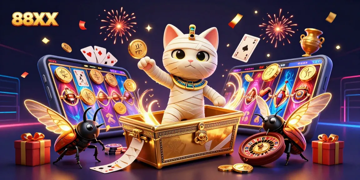 Experience the excitement at 88XX with a vibrant casino scene featuring a mummy cat and glowing scarab.