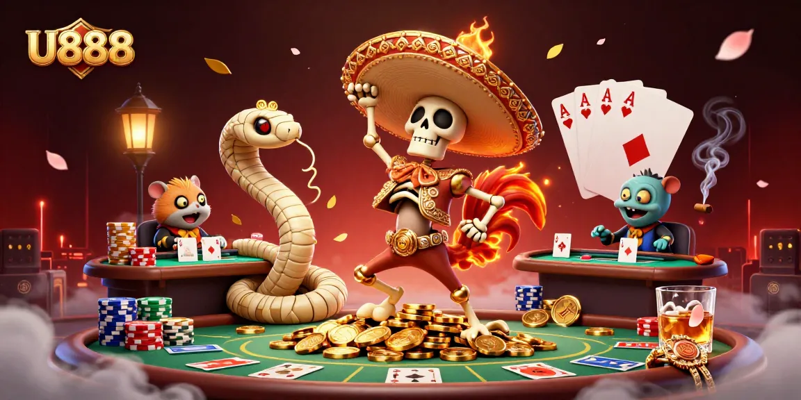 U888 celebrates victory in a vibrant 3D casino scene with exciting game elements.