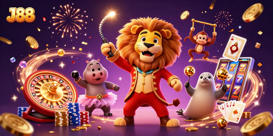Experience J88 excitement as the circus-themed characters celebrate with vibrant casino elements.