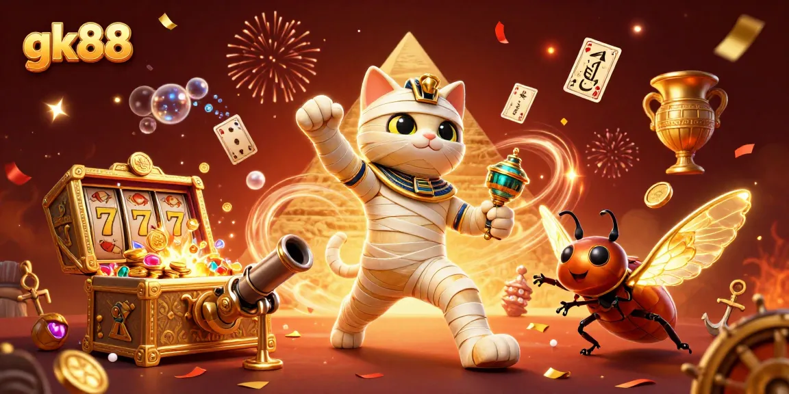 Experience the thrill at gk88 with a lively Egyptian-themed casino scene featuring treasure-filled excitement.