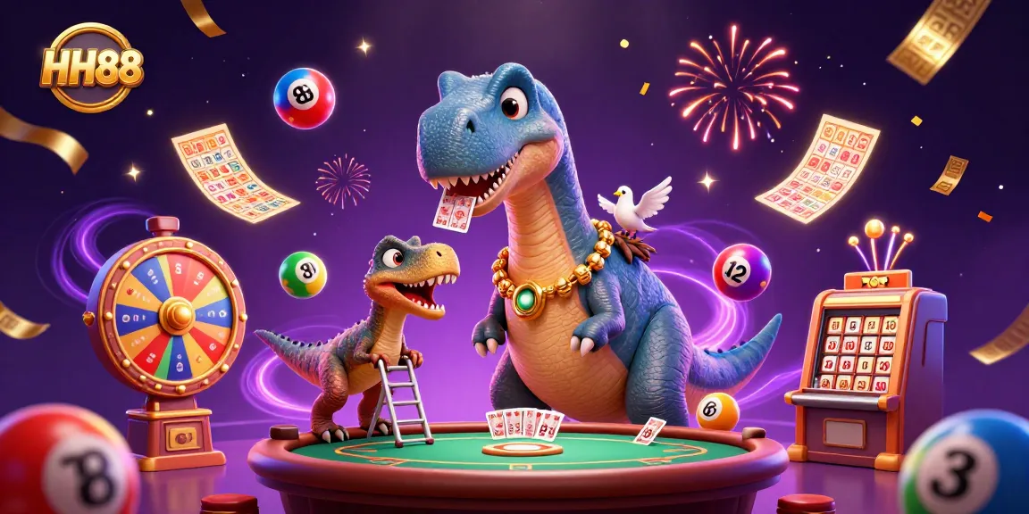Join the excitement at HH88 with a giant brontosaurus in a vibrant casino scene, multiplying fun!