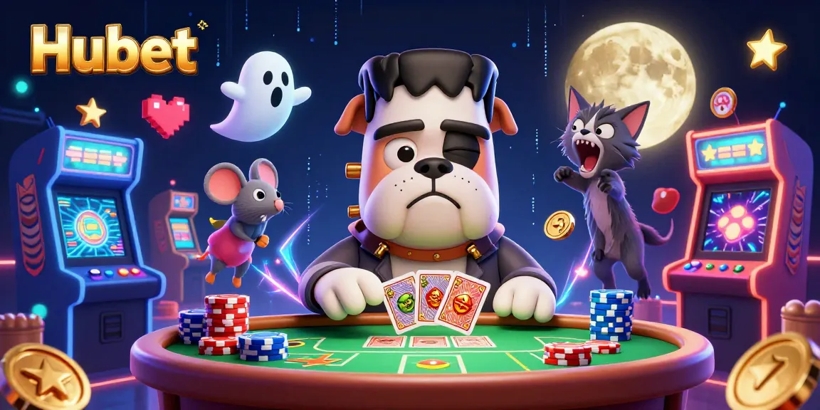 Hubet engaging players at a dynamic casino table with an animated monster dealing cards and thrilling game elements.