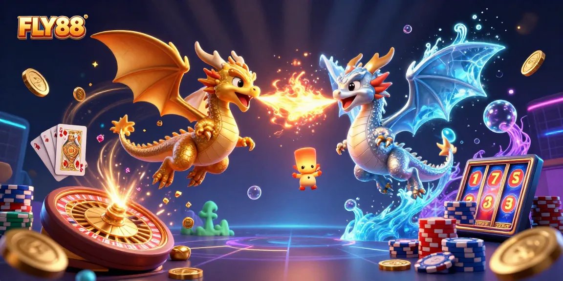 Engage with FLY88's exciting gambling experience featuring dynamic dragons, coins, and casino elements.